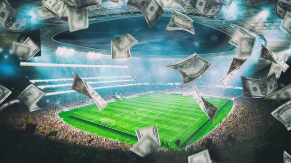 Billetes que caen desde arriba en el fondo de un estadio de fútbol — Foto de Stock