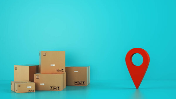 Pile of cardboard boxes on the floor on a cyan background with a red geo tag
