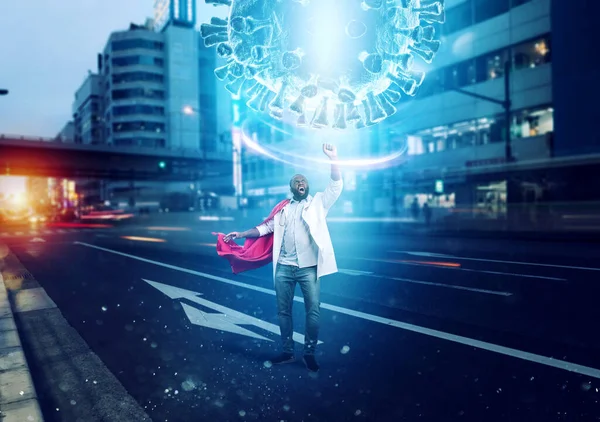 Médico age como um super-herói para combater pandemia de covid19 coronavírus na cidade — Fotografia de Stock