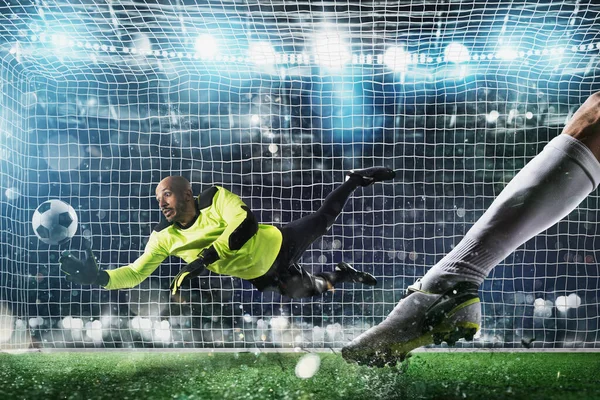 Il portiere prende la palla nello stadio durante una partita di calcio. — Foto Stock