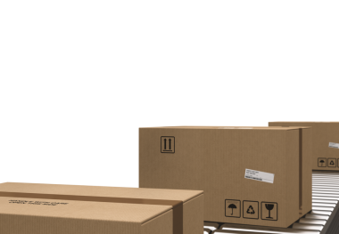 Cardboard boxes with shipping labels are moving on a conveyor belt, representing efficient logistics and distribution in a warehouse setting