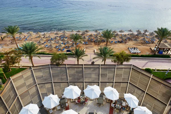 The sea view restaurant and beach at luxury hotel, Sharm el Sheikh, Egypt