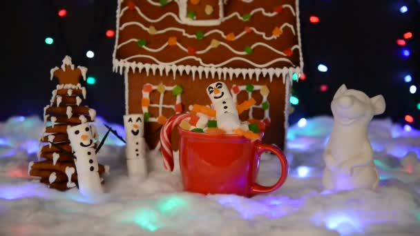手作りの食べられるジンジャーブレッドハウス マグのマシュマロ雪だるま マウス 2020年のシンボル 新年の木 雪の装飾 花輪の背景照明 — ストック動画