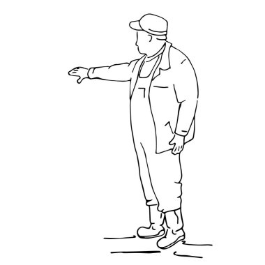 İş adamı master arka plana eliyle işaret ediyor. Vektör kroki çizim.