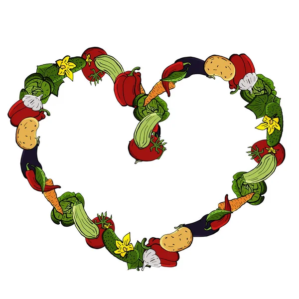 矢量图标的蔬菜, 安装在一个卡通风格, 是折叠成一个方形框架的形式的心脏。.农产品的收集为餐馆菜单, 市场标签. — 图库矢量图片