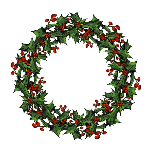 Carte de Noël, une bannière avec une couronne de fleurs rouges poinsettia, feuilles de houx . — Image vectorielle
