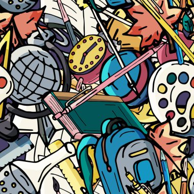 Vektör seamless modeli farklı okul nesneleri çizim retro. Okul için tema. Bir web sayfası, dolgular çizimler, duvar kağıtları, yüzey dokuları arka planı için kullanılan.