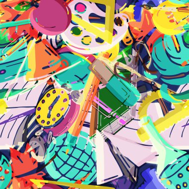 Vektör seamless modeli farklı okul nesneleri çizim retro. Okul için tema. Bir web sayfası, dolgular çizimler, duvar kağıtları, yüzey dokuları arka planı için kullanılan.