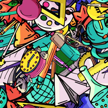 Vektör seamless modeli farklı okul nesneleri çizim retro. Okul için tema. Bir web sayfası, dolgular çizimler, duvar kağıtları, yüzey dokuları arka planı için kullanılan.