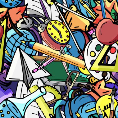 Vektör seamless modeli farklı okul nesneleri çizim retro. Okul için tema. Bir web sayfası, dolgular çizimler, duvar kağıtları, yüzey dokuları arka planı için kullanılan.