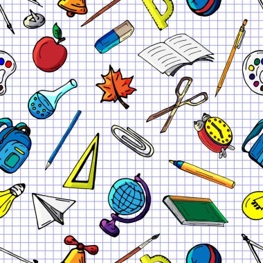 Vektör seamless modeli farklı okul nesneleri çizim retro. Okul için tema. Bir web sayfası, dolgular çizimler, duvar kağıtları, yüzey dokuları arka planı için kullanılan.