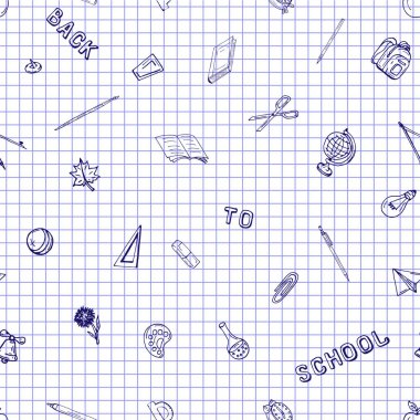 Vektör seamless modeli farklı okul nesneleri çizim retro. Okul için tema. Bir web sayfası, dolgular çizimler, duvar kağıtları, yüzey dokuları arka planı için kullanılan.