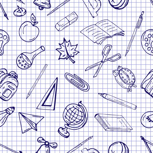 Vektor nahtlose Muster-Retro-Zeichnung verschiedener Schulobjekte. Thema zurück in die Schule. kann für den Hintergrund einer Webseite verwendet werden, füllt Zeichnungen, Tapeten, Oberflächentexturen. — Stockvektor