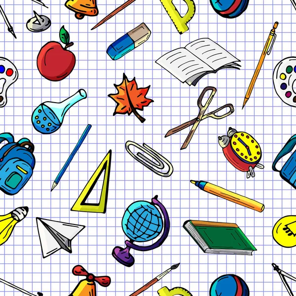 Vektör seamless modeli farklı okul nesneleri çizim retro. Okul için tema. Bir web sayfası, dolgular çizimler, duvar kağıtları, yüzey dokuları arka planı için kullanılan.