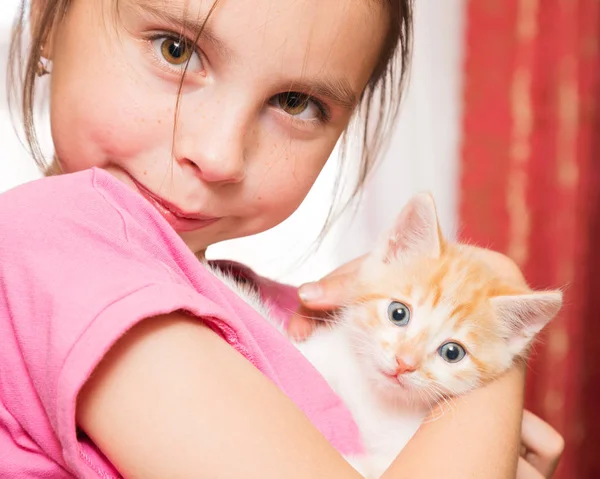 Een klein meisje houdt een kitten in haar armen en knuffels. — Stockfoto