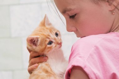 Küçük bir kız onu de kedi silah ve hugs tutar.