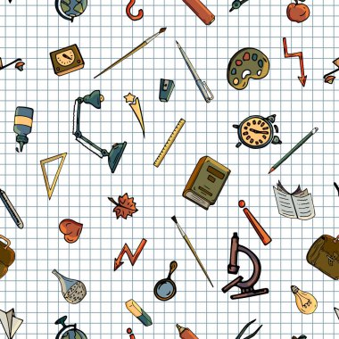 Vektör seamless modeli farklı okul nesneleri çizim retro. Okul için tema. Bir web sayfası, dolgular çizimler, duvar kağıtları, yüzey dokuları arka planı için kullanılan.