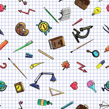 Vektör seamless modeli farklı okul nesneleri çizim retro. Okul için tema. Bir web sayfası, dolgular çizimler, duvar kağıtları, yüzey dokuları arka planı için kullanılan.