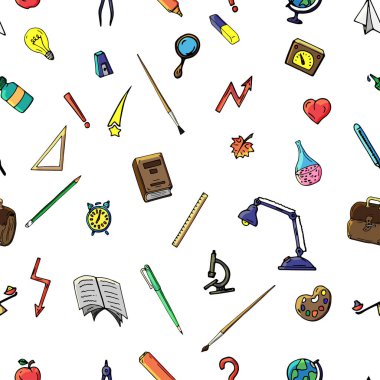 Vektör seamless modeli farklı okul nesneleri çizim retro. Okul için tema. Bir web sayfası, dolgular çizimler, duvar kağıtları, yüzey dokuları arka planı için kullanılan.