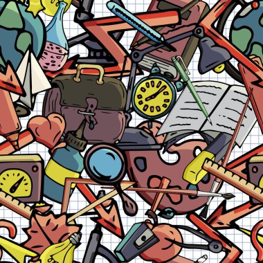 Vektör seamless modeli farklı okul nesneleri çizim retro. Okul için tema. Bir web sayfası, dolgular çizimler, duvar kağıtları, yüzey dokuları arka planı için kullanılan.