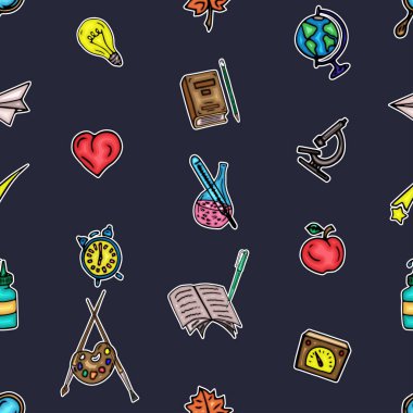 Vektör seamless modeli farklı okul nesneleri çizim retro. Okul için tema. Bir web sayfası, dolgular çizimler, duvar kağıtları, yüzey dokuları arka planı için kullanılan.