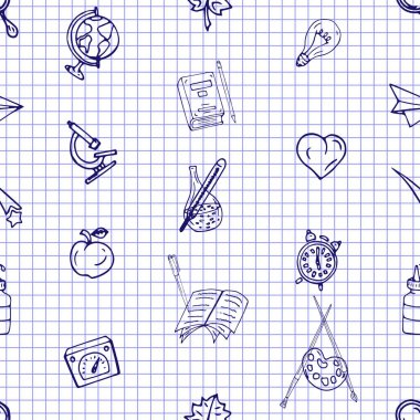 Vektör seamless modeli farklı okul nesneleri çizim retro. Okul için tema. Bir web sayfası, dolgular çizimler, duvar kağıtları, yüzey dokuları arka planı için kullanılan.