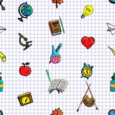 Vektör seamless modeli farklı okul nesneleri çizim retro. Okul için tema. Bir web sayfası, dolgular çizimler, duvar kağıtları, yüzey dokuları arka planı için kullanılan.
