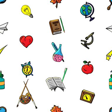 Vektör seamless modeli farklı okul nesneleri çizim retro. Okul için tema. Bir web sayfası, dolgular çizimler, duvar kağıtları, yüzey dokuları arka planı için kullanılan.