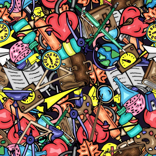 Vector seamless pattern retro drawing of different school objects. Theme back to school. Can be used for the background of a web page, fills drawings, wallpapers, surface textures.