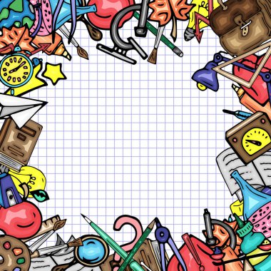 Vektör desen çizim farklı okul nesneleri retro. Okul için tema. Bir web sayfası, dolgular çizimler, duvar kağıtları, yüzey dokuları arka planı için kullanılan.