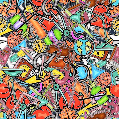 Vektör seamless modeli farklı okul nesneleri çizim retro. Okul için tema. Bir web sayfası, dolgular çizimler, duvar kağıtları, yüzey dokuları arka planı için kullanılan.