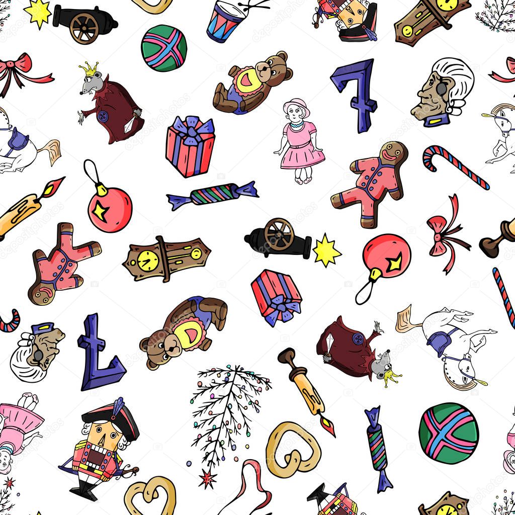 Set seamless pattern cartoon christmas characters for fairy tale Nutcracker. Can be used for web page background, fills drawings, wallpapers, surface textures.