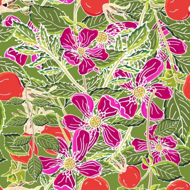 Dogrose çilek seamless modeli. Vektör arka plan vahşi meyveler tasarım etiket şurubu, çay paketleme veya kumaş yazdırmak için yeşil yaprak ile yükseldi.