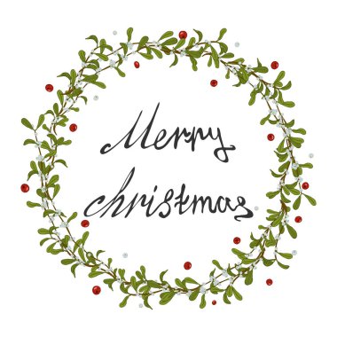 Noel kartı, çiçekler, ökse otu bir çelenk ile banner. Yuvarlak garland sezon şenlikli elemanları ile dekore edilmiştir. Hat ifade evlenmek Christmas.Vintage tarzı.