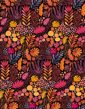 Vektör suluboya kusursuz soyut botanik resim. Sanatsal el yapımı batik izi, çiçekli doğulu tekstil, kumaş..