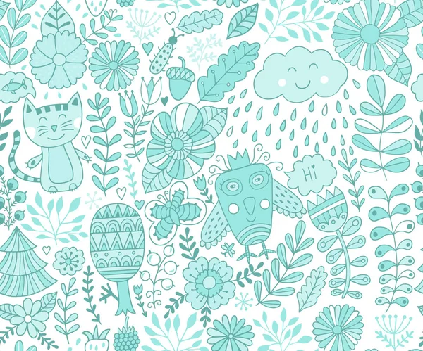 벡터 포리스트 디자인, 숲, 꽃, 올빼미, 나무와 꽃 원활한 패턴. — 스톡 벡터