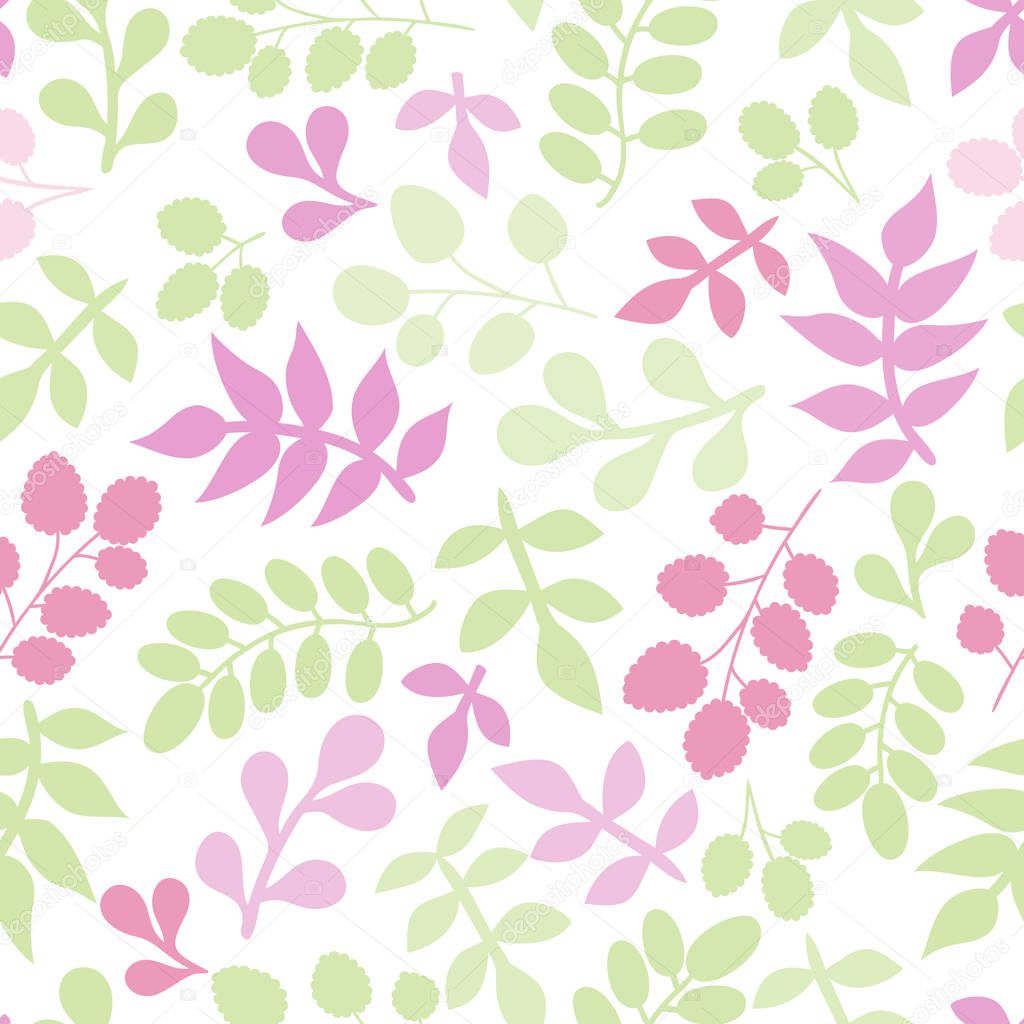Seamless pattern with green and pink leaf. Botanical backdrop