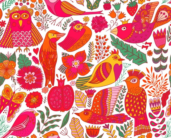 Oiseaux sans couture fond. Composition textile, motif style dessiné à la main. Illustration vectorielle — Image vectorielle