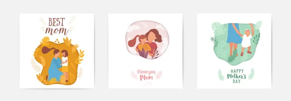 Mothers Day cards Collezione Typographical Set. Buon Giorno della Mamma, ti amo così tanto biglietti di auguri, manifesti appesi con madre e figlio. Sfondo vettoriale con mamma e bambino — Vettoriale Stock