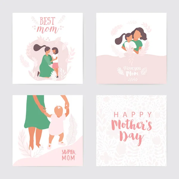 Mors dag kort typografiska uppsättning samling. Happy Motherss Day, jag älskar dig så mycket gratulationskort, affischer set med mor och barn. Vektor bakgrund med mamma och Kid — Stock vektor