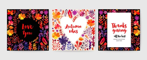 Colección de tarjetas de otoño. Otoño deja cartas fijadas. Vector Tarjetas de invitación y felicitación del día de Acción de Gracias, folleto , — Vector de stock