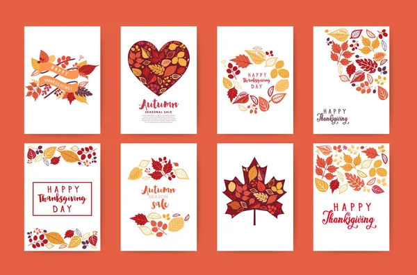 Coleção de cartões de outono. Outono folhas cartões definidos. Vector Dia de Ação de Graças convite e cartões de saudação, folheto , — Vetor de Stock