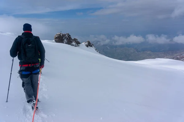 Turysta w alpejskich kampusach i trzymać w Alpach — Zdjęcie stockowe