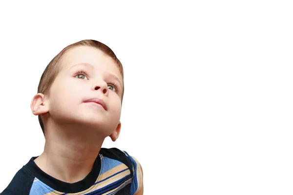 Junge Blickt Interessiert Auf Weißem Hintergrund Auf — Stockfoto