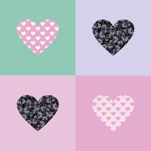 Ensemble Différents Décors Carte Saint Valentin Heureux Avec Cœur Illustration — Image vectorielle