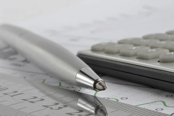 Zakelijke Achtergrond Met Grafiek Tabel Pen Calculator — Stockfoto