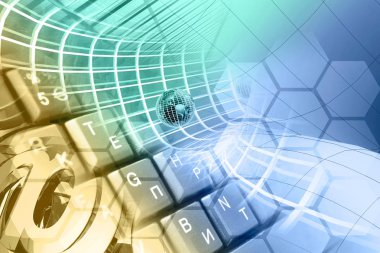 Bilgisayar arka plan - posta işaretleri, Küre ve klavye, tonda.