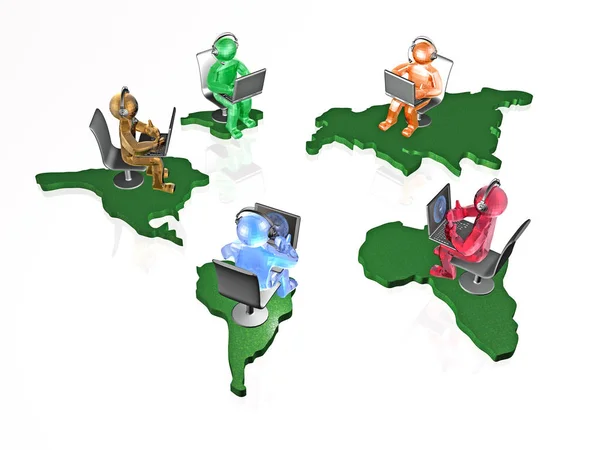 Mans Com Laptops Continentes Sobre Fundo Branco Ilustração — Fotografia de Stock