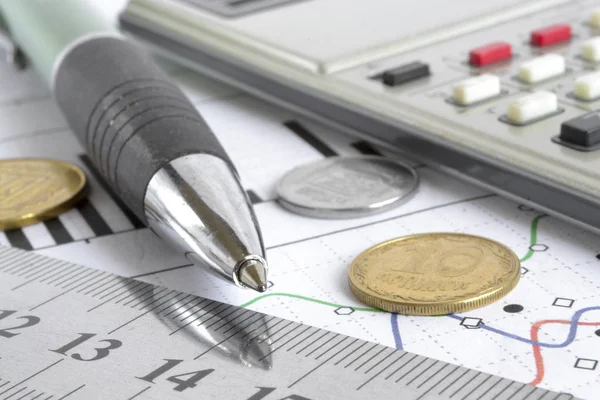 Financiële Achtergrond Met Geld Rekenmachine Grafiek Pen — Stockfoto