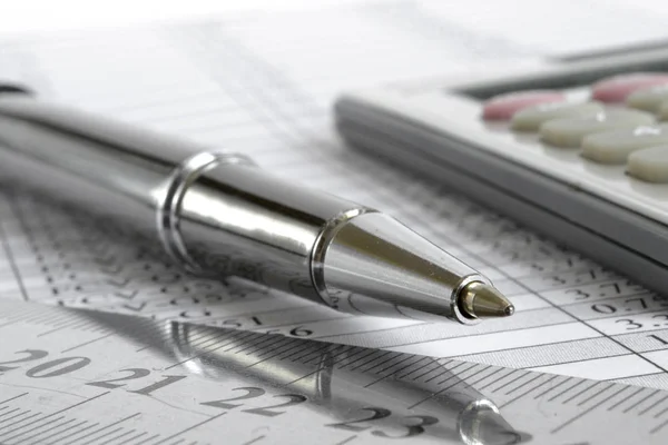 Zakelijke Achtergrond Met Tafel Pen Rekenmachine — Stockfoto